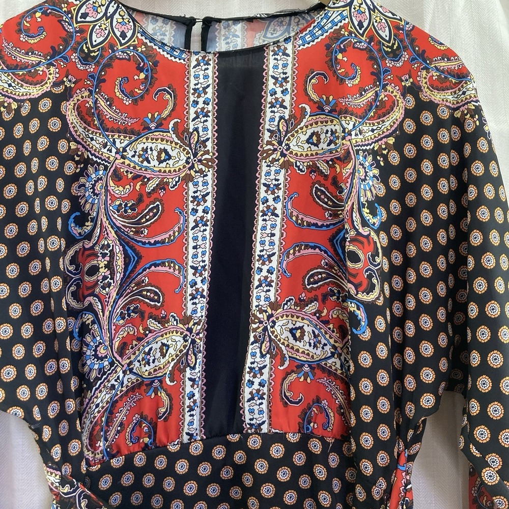 Zara Paisley Scarf Print Satin Faux Wrap Mini Dress Small Dolman Sleeve Jacquard